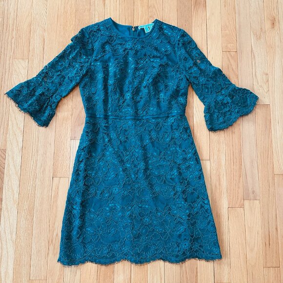 Draper James Deep Teal Lace Bell Sleeve Cocktail Dress - Size 8 - Picture 4 of 6